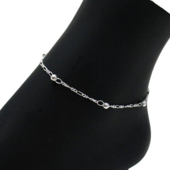 CLASSIC STERLING SILVER 9"-10" ADJUSTABLE BEADED FIGARO CHAIN ANKLE BRACELET. - Picture 3 of 3